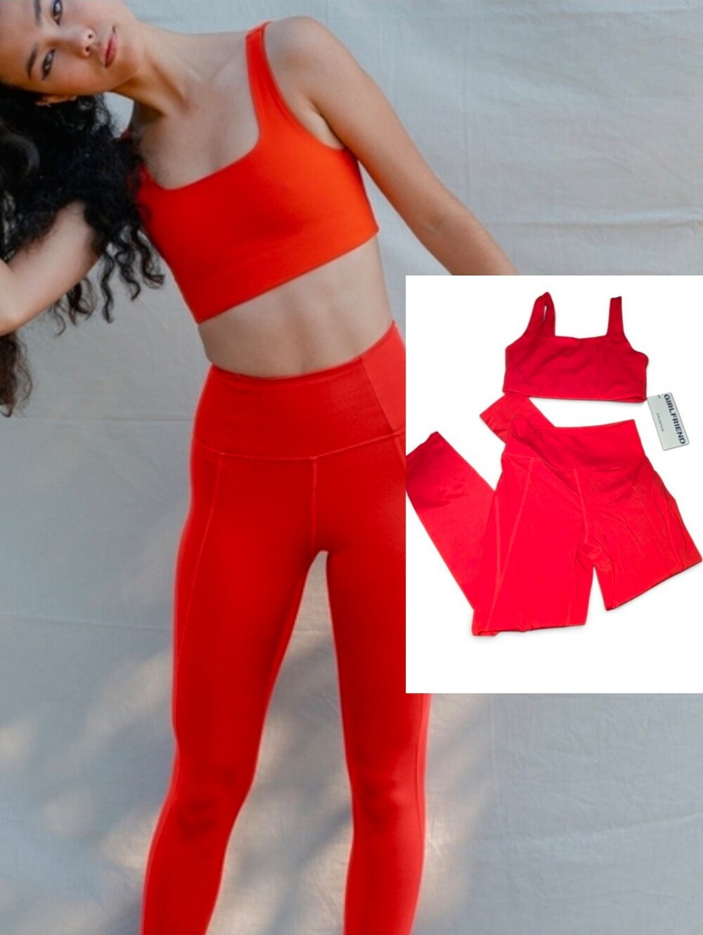 NEW Girlfriend Collective Fiery Red High Rise Compression Leggings & Tommy Bra S
